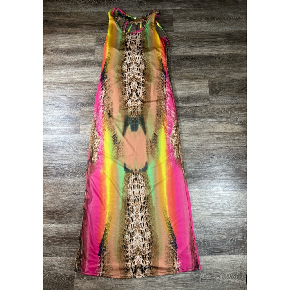 Neon Animal Print Maxi Dress Cage Back Sleeveless Pink Green Large Long Summer